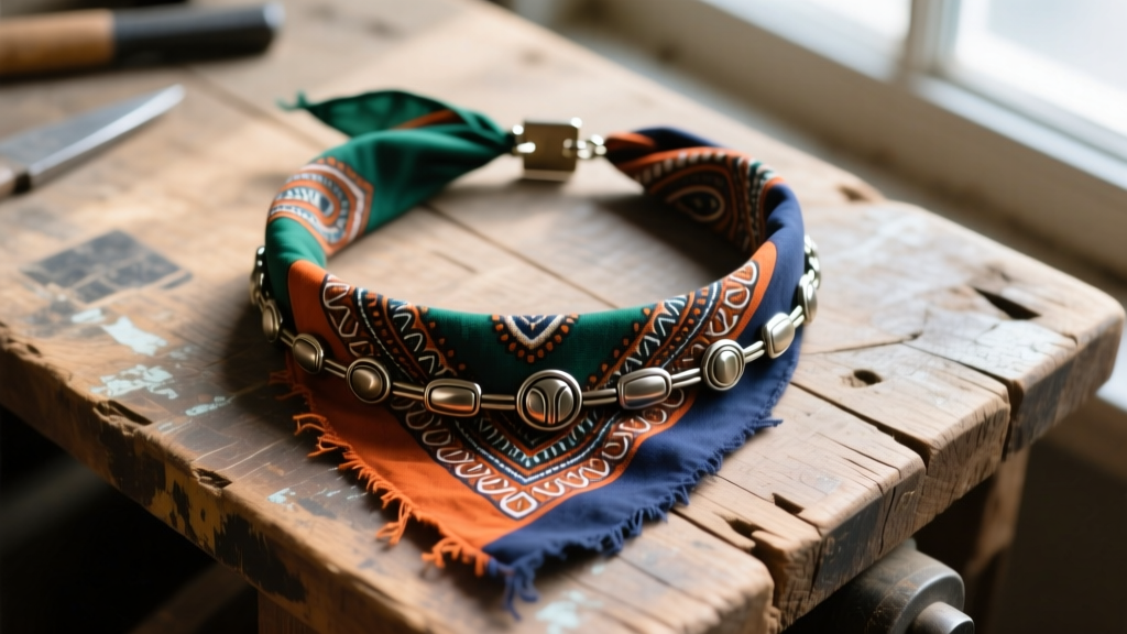 Overhead shot of a handmade paisley bandana choker necklace with steel clasps resting on a distressed wooden workbench