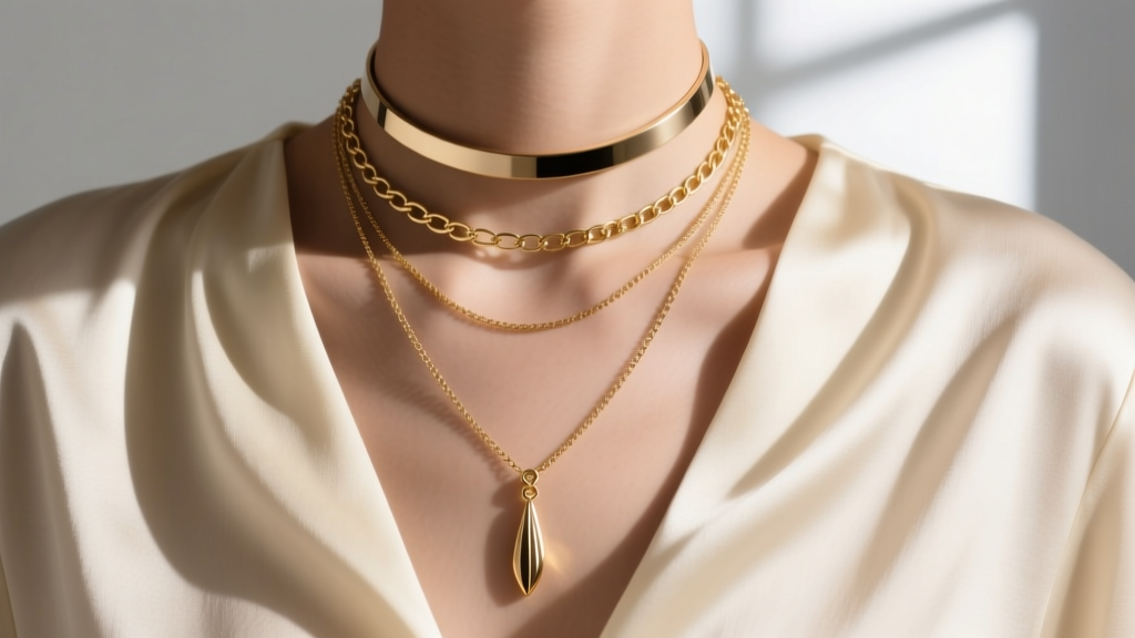 Close-up of layered necklaces featuring a 16-inch choker and a 22-inch dangling lariat pendant resting on a cream silk blouse
