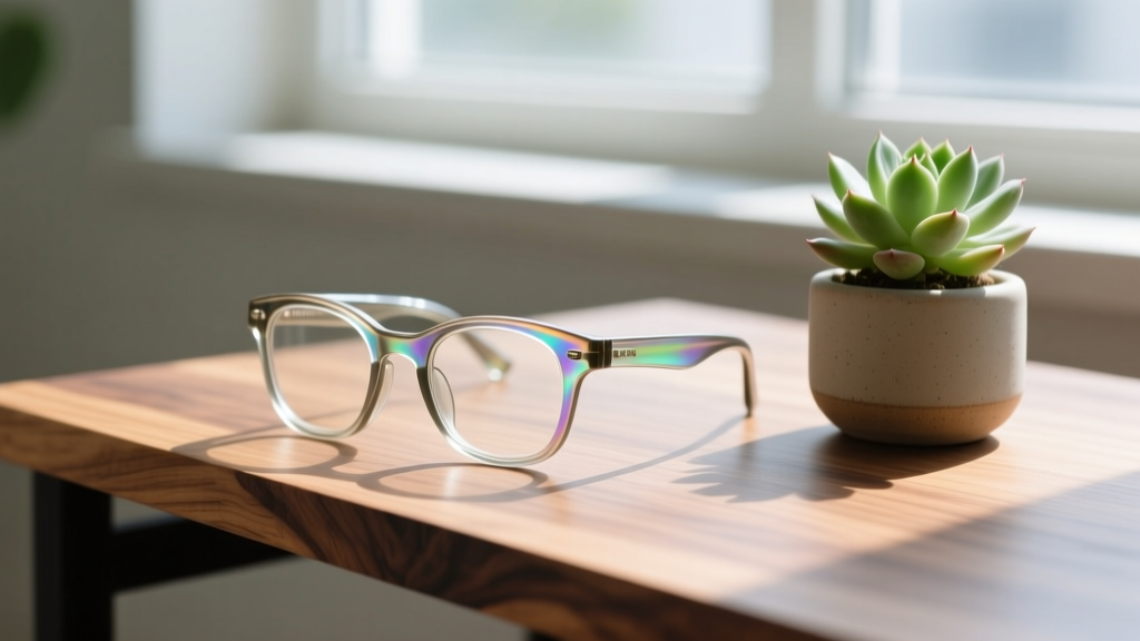 Eco-friendly bio-acetate smart glasses resting on reclaimed wood desk next to potted succulent plant in bright natural sunlight