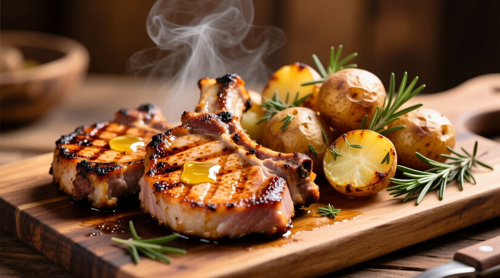 Golden pork chops with crispy roasted potatoes