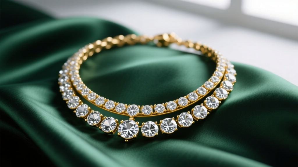 Elegant close-up of a layered 14k gold vermeil and clear Preciosa rhinestone necklace set resting on a dark emerald silk fabric