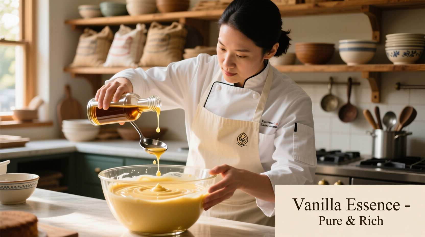 Professional baker adding vanilla to cake batter