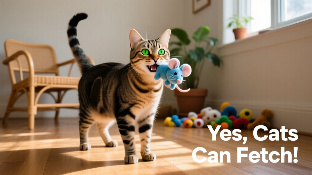 A cat proudly holding a small plush toy in its mouth, looking toward its owner with bright, engaged eyes