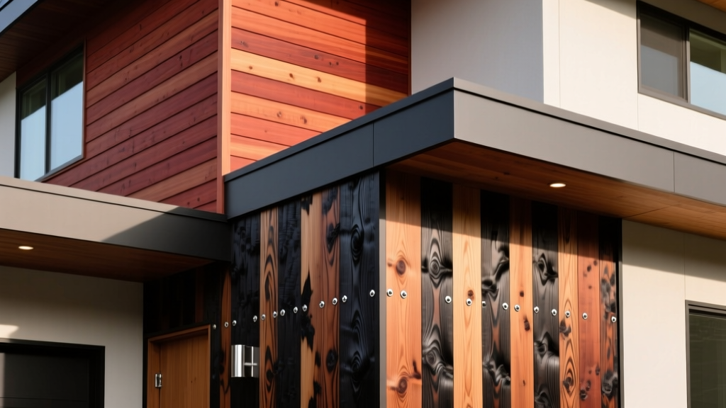 Shiplap western red cedar and charred wood siding on a modern facade, highlighting natural grain texture and stainless steel fasteners