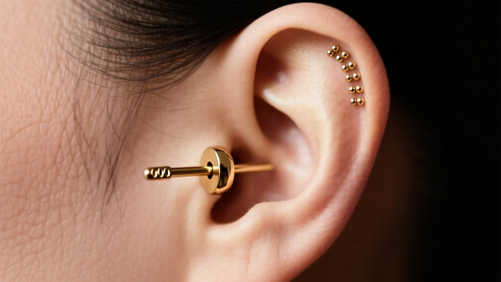 Side profile of a stretched left lobe with a 00g brass weight, while the right ear features delicate micro-studs in the upper ear