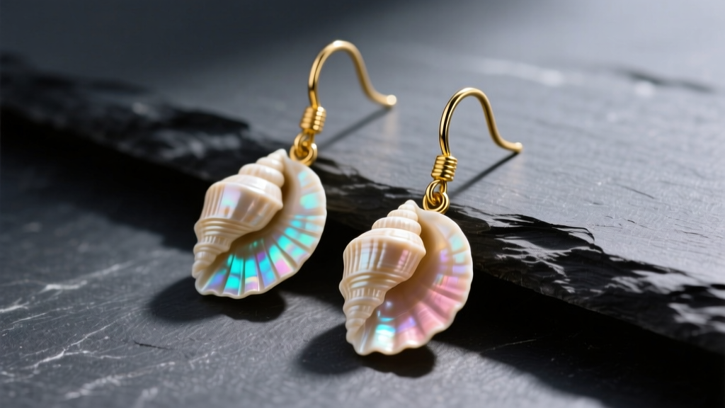 Macro shot of carved natural seashell dangle earrings on gold leverback hooks against dark slate, showing nacre iridescence.