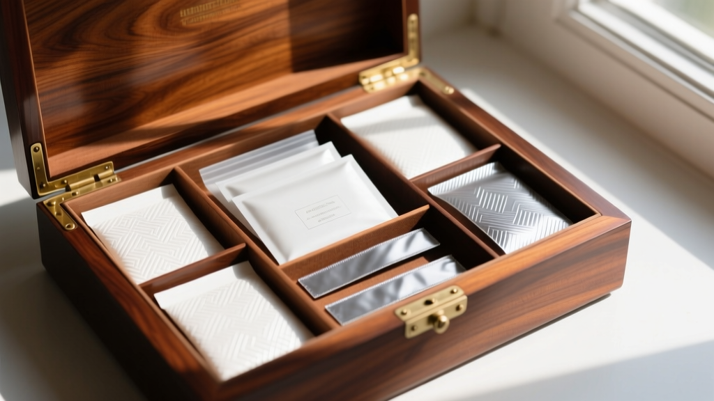 Modern archival Mylar sleeves and anti-tarnish strips carefully placed inside a restored vintage French rosewood jewelry box