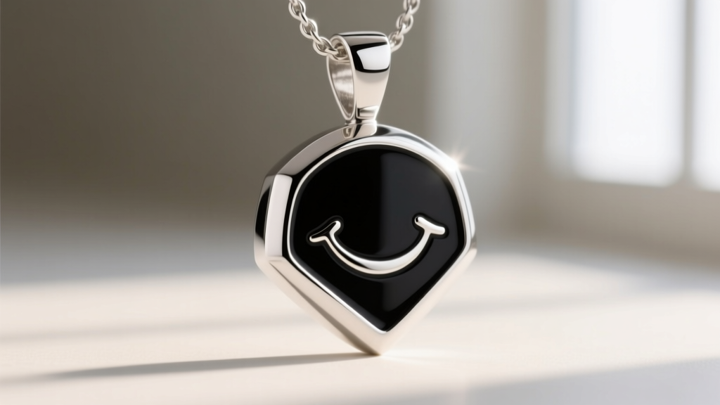Macro shot of a sterling silver Aphex Twin pendant with recessed black hard enamel, showing polished bevels and crisp smile lines