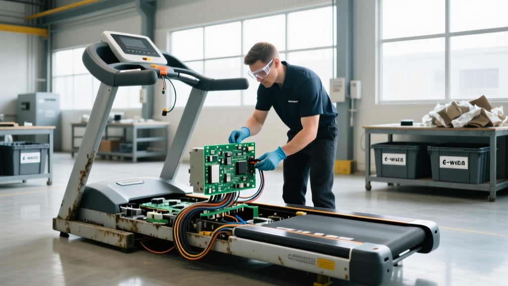 Technician safely disconnecting the main control board and wiring harness from an end-of-life commercial treadmill for e-waste recycling