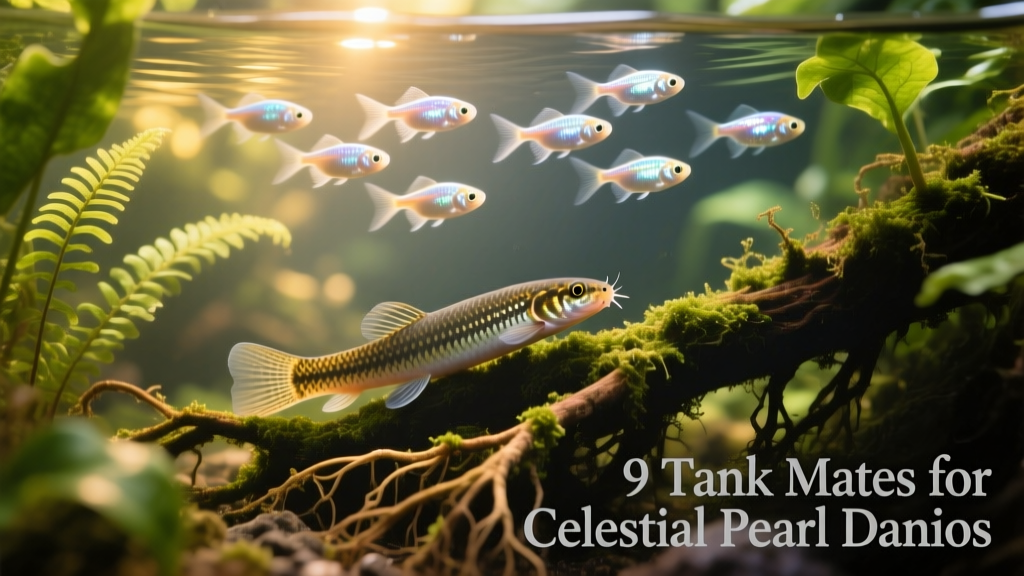 Kuhli loaches resting among Java fern roots while celestial pearl danios swim above