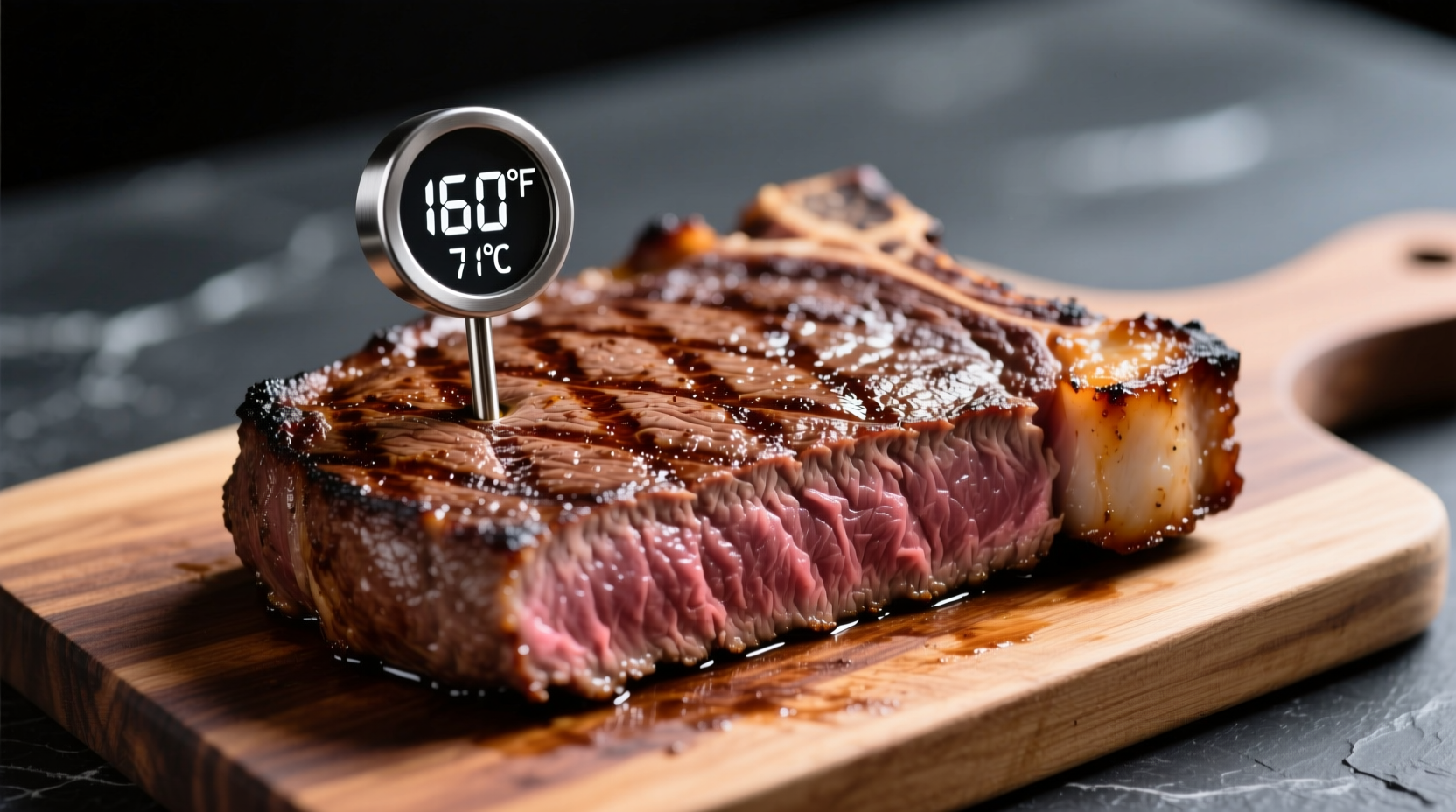 Perfectly cooked well done steak with thermometer reading