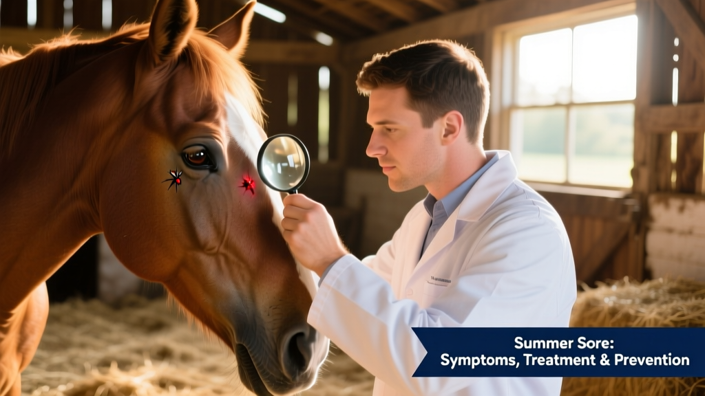 Veterinarian examining a horse’s eye for signs of summer sore near the inner eyelid