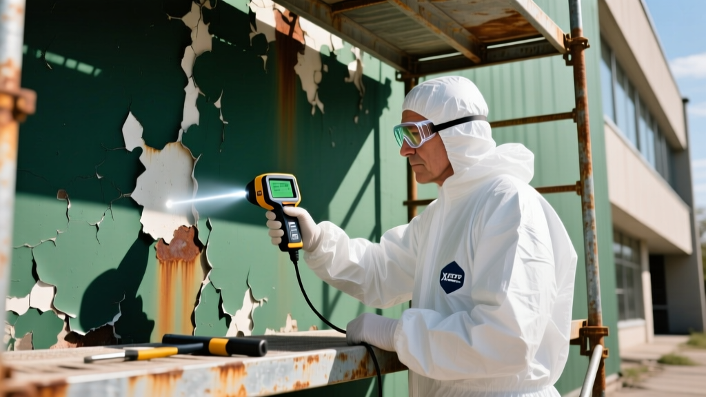 Industrial hygienist in white Tyvek suit using an XRF analyzer to test for lead paint on a deteriorating commercial building exterior wall