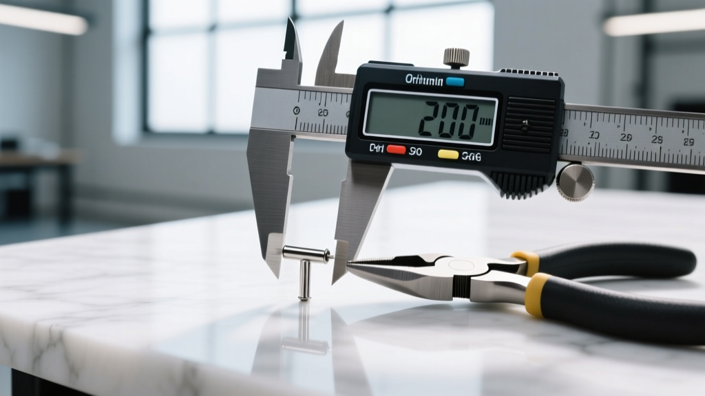Overhead view of digital calipers measuring the tapered barrel of round nose pliers to match a 20-gauge titanium L-bend nose stud