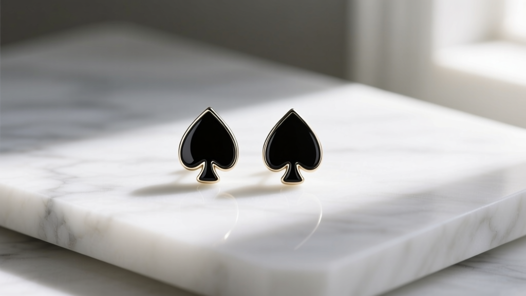 Flat lay of Kate Spade black enamel spade stud earrings resting on white marble surface with soft natural morning light shining