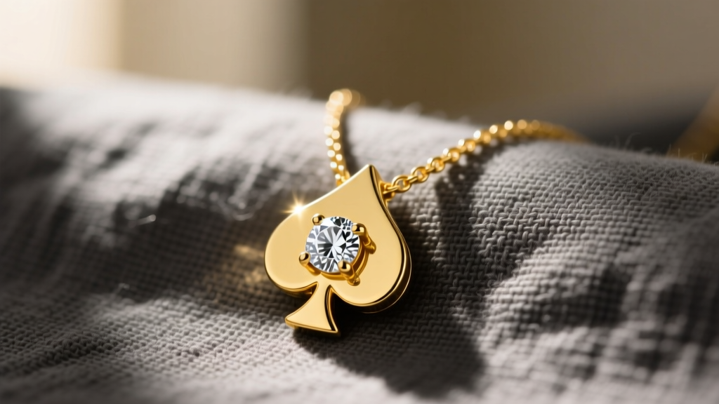 14k yellow gold ace of spades necklace with a diamond center resting on textured charcoal linen cloth in warm, natural sunlight.