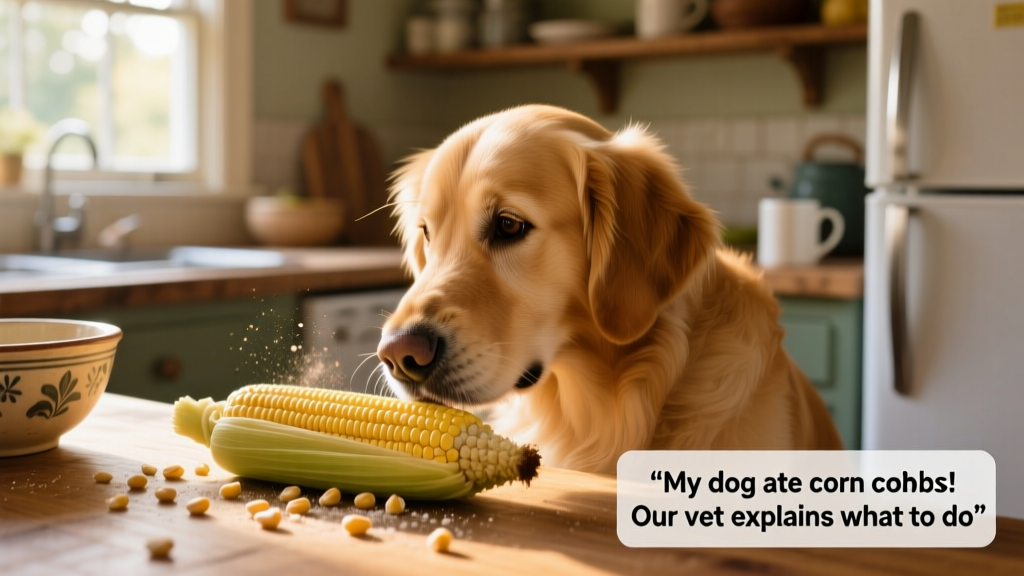A curious dog sniffing a fresh corn cob on a kitchen counter