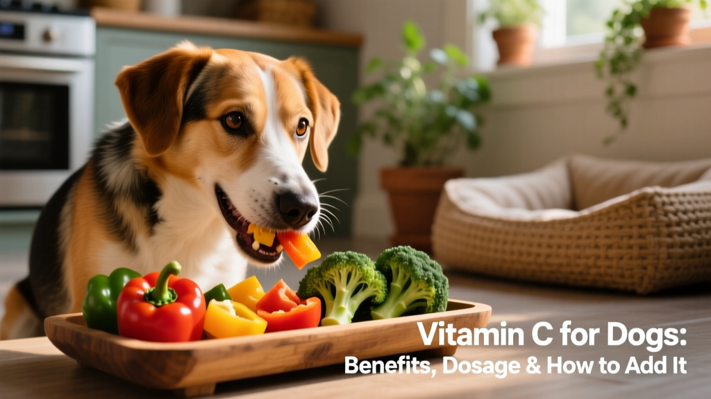 A dog enjoying small pieces of safe, vitamin-C-rich vegetables like bell peppers and broccoli