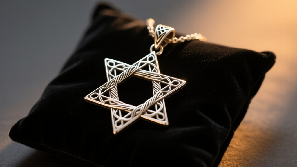 Antique silver Star of David pendant with intricate Yemenite filigree, resting on dark velvet under soft warm light.