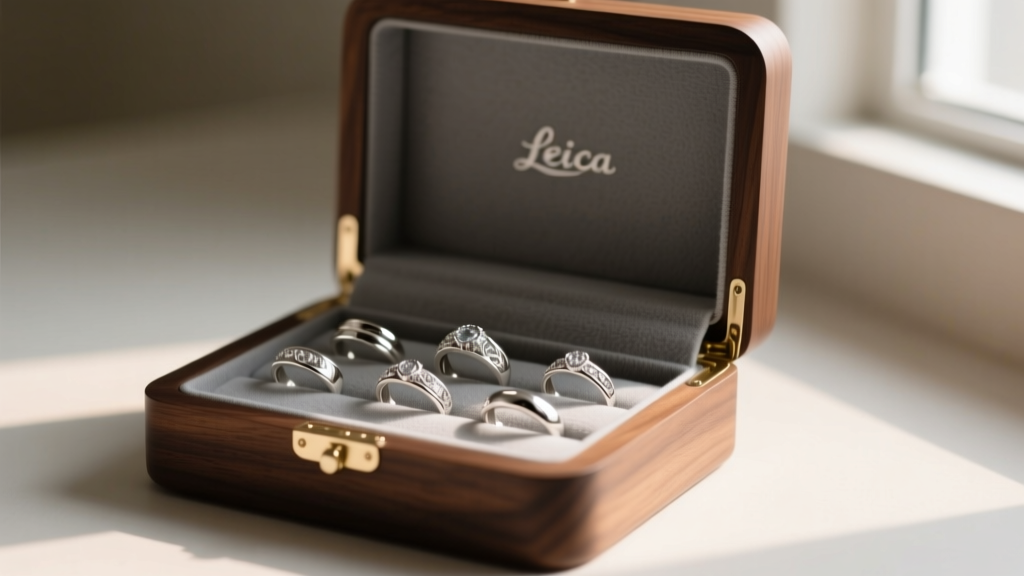 Open walnut jewelry box lined with grey anti-tarnish fabric, displaying polished sterling silver rings under soft, warm lighting.