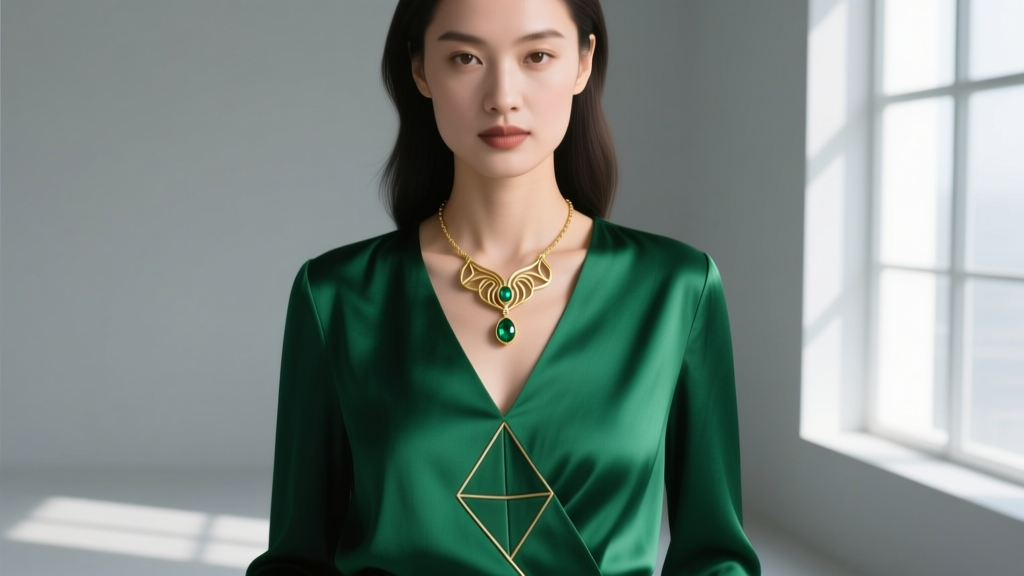 Woman wearing a V-neck emerald green silk blouse with a subtle, geometric princess-inspired gold and peridot pendant necklace.