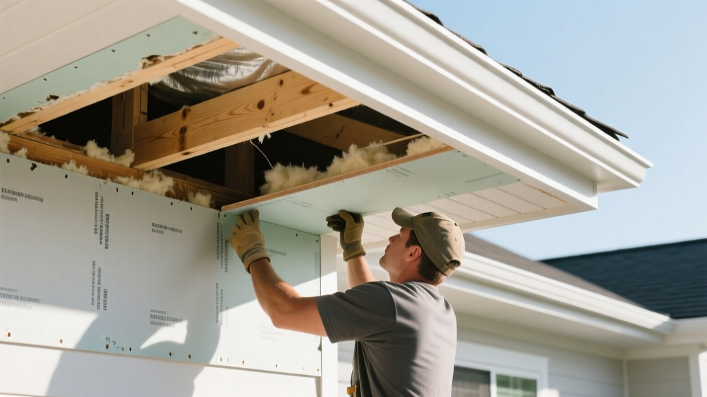 Contractor replacing water-damaged fiberglass mat exterior soffit gypsum board under a modern residential roof eave