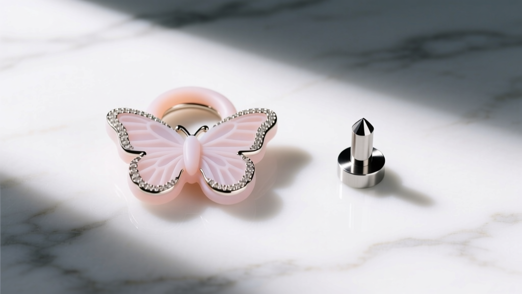 Flat lay comparison of jewelry backs on marble including a butterfly clutch silicone O-ring and a titanium flat back labret post