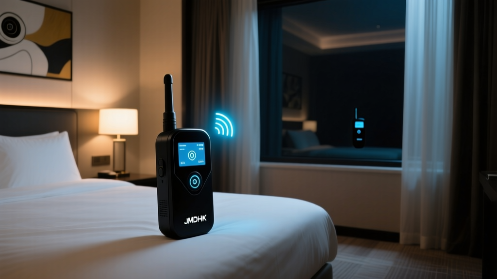 A sleek black JMDHKK anti-spy RF detector sweeping a dimly lit hotel room to locate hidden camera frequencies and GPS trackers.