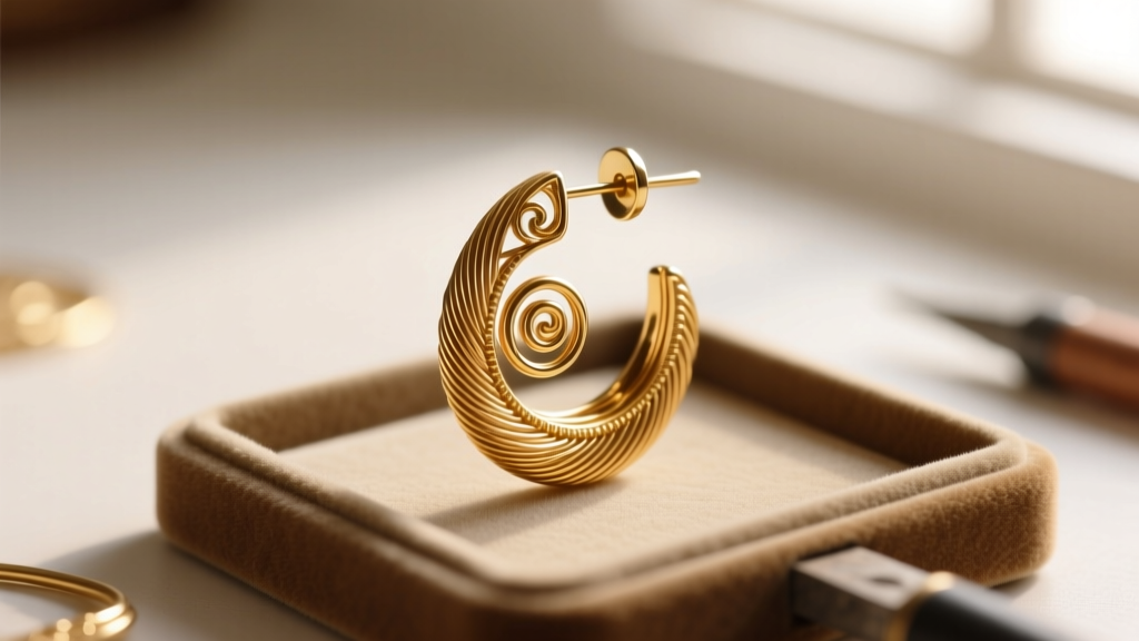 Close-up of a 22-gauge gold wire sui dhaga earring resting on a jeweler's ruler, highlighting the extremely thin wire diameter.