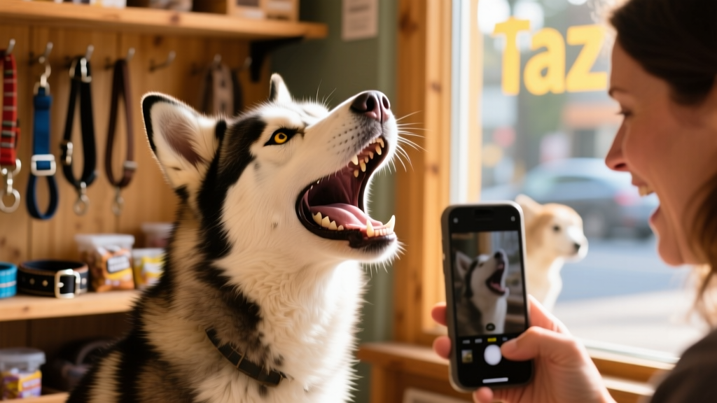 Close-up of Taz mid-howl, mouth wide open, ears perked, eyes bright with expressive energy