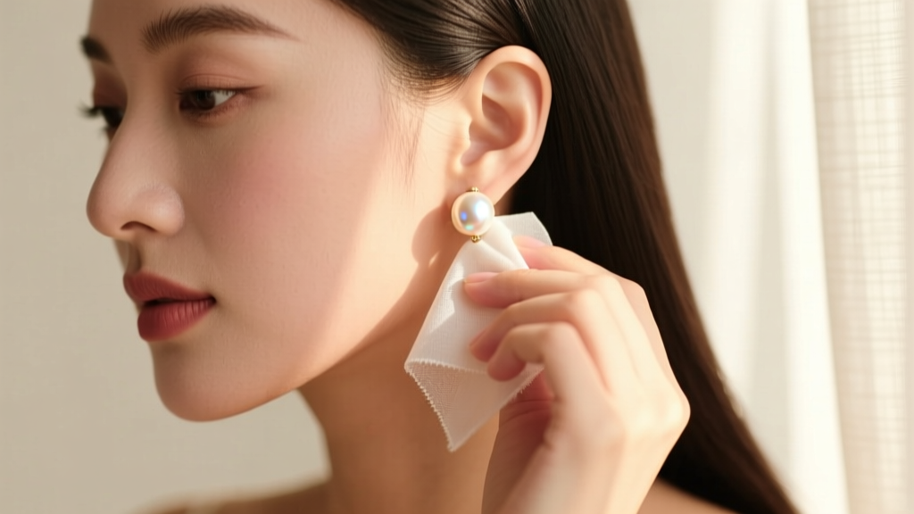 A woman gently wiping a lustrous freshwater drop pearl earring with a soft microfiber cloth under warm, natural window light