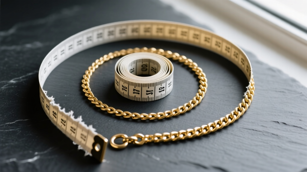 Overhead flat-lay of a soft measuring tape coiled around three distinct gold chains of varying lengths on a dark slate surface