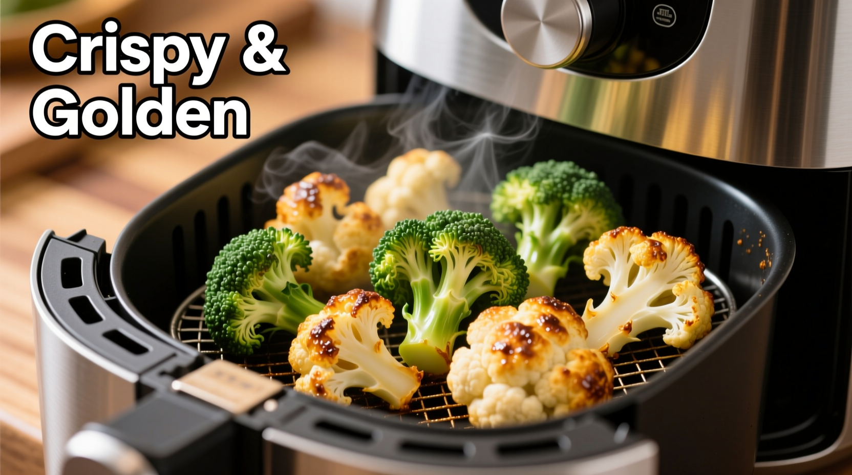 Crispy golden broccoli and cauliflower in air fryer basket