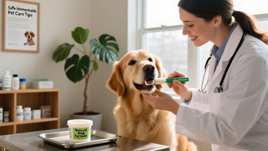 A veterinarian gently brushing a calm dog's teeth during an exam