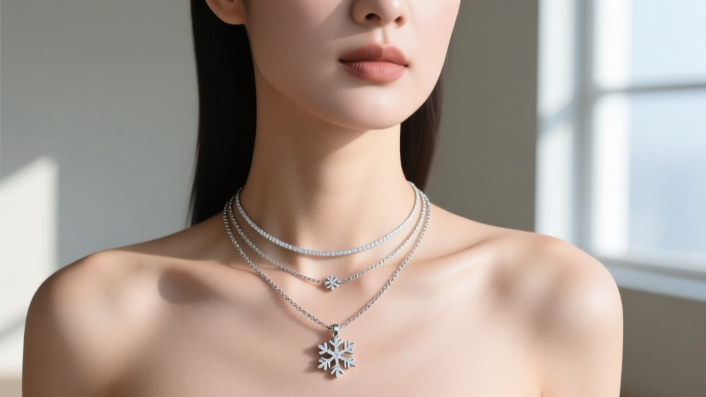 Woman wearing three layered silver necklaces with a central snowflake pendant, shot from collarbone up in bright natural daylight.