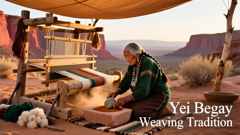 Navajo Yei Begay Weaving Loom Setup And Sandstone Dye Grinding