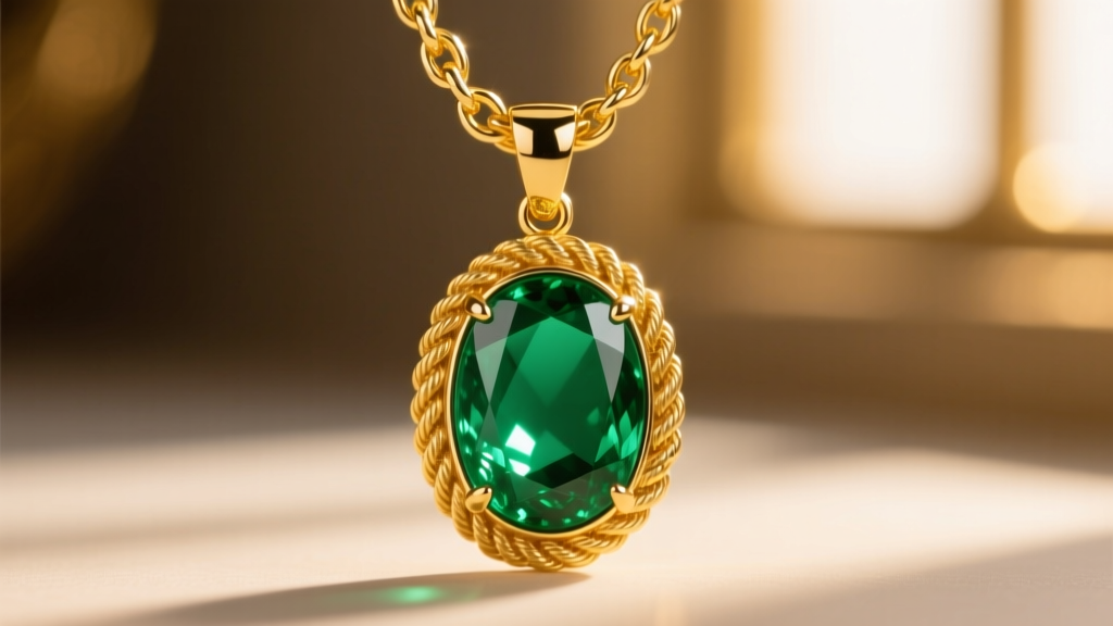 Close-up of a bezel-set oval emerald cabochon pendant on a thick 18k yellow gold rope chain, highlighting a fantasy RPG aesthetic