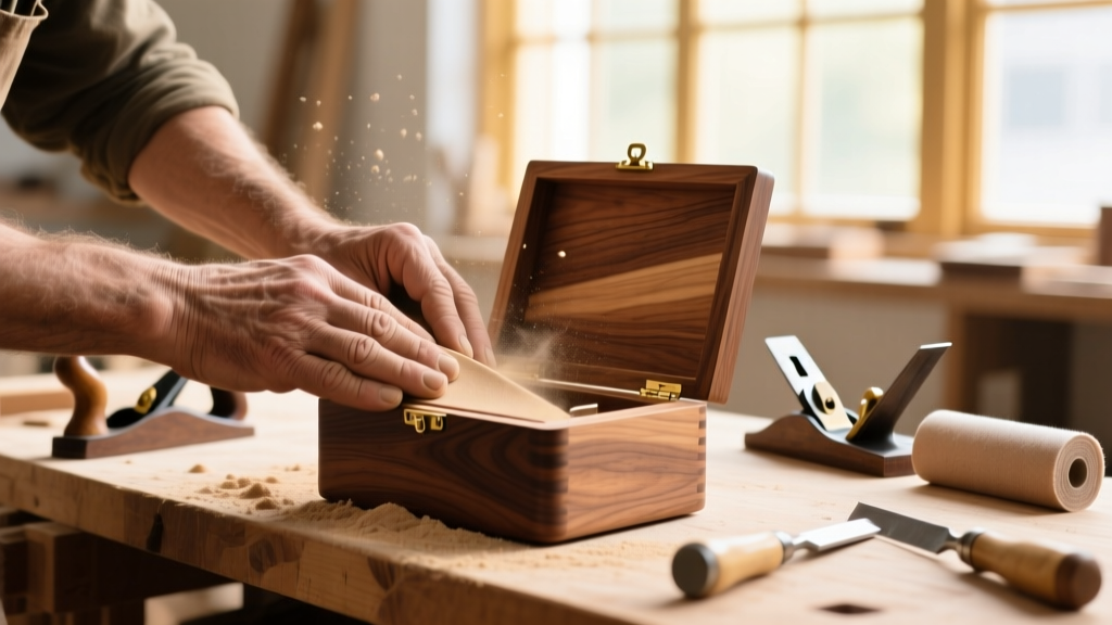 Woodworker hands sanding the interior compartment of a partially assembled walnut jewelry box in a brightly sunlit workshop.