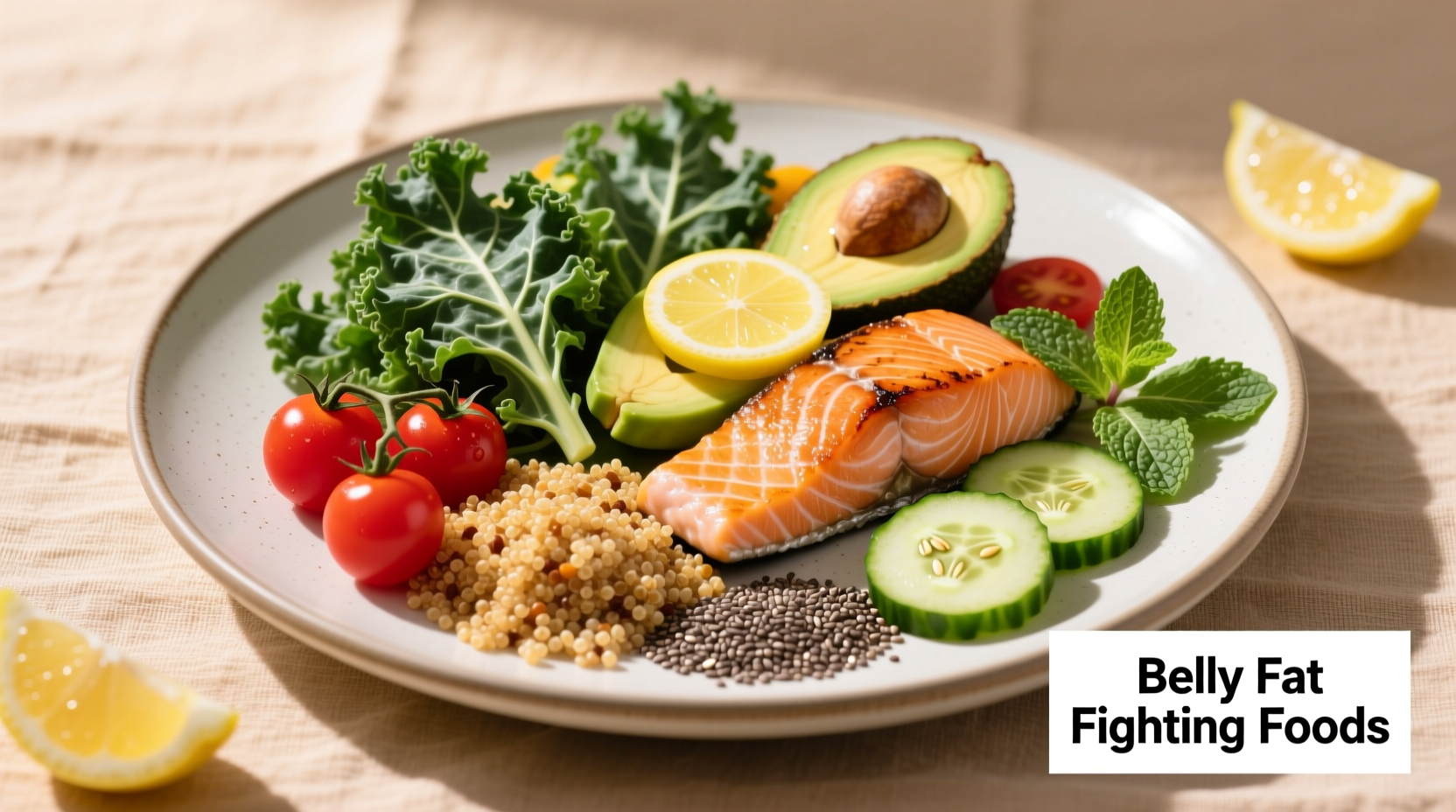 Colorful plate of belly fat reducing foods