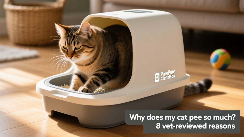 Close-up of a cat using a clean litter box, looking relaxed and comfortable
