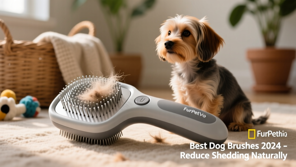 Close-up of a sleek, ergonomic FurPetVo slicker brush with self-cleaning button