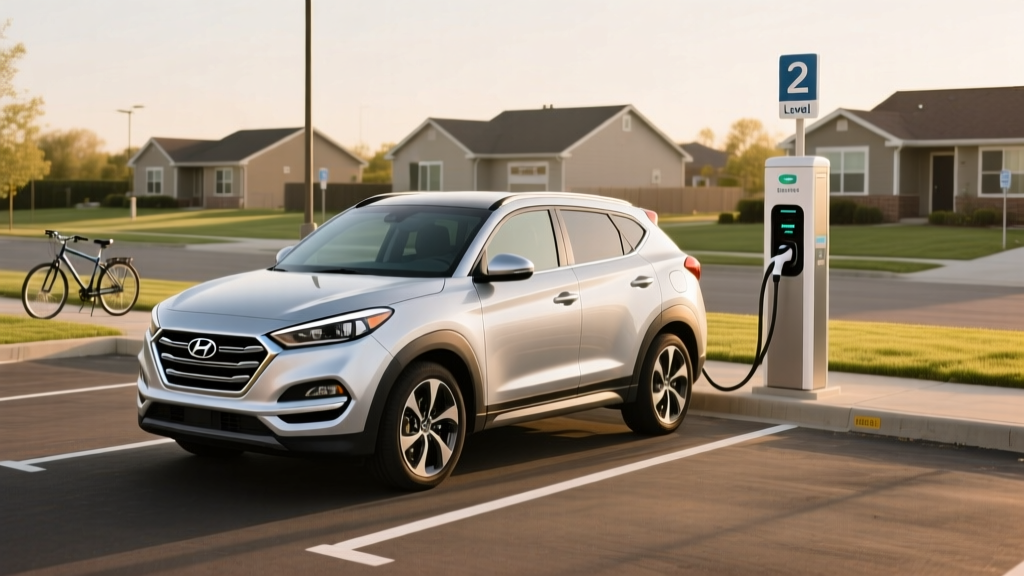 Silver Hyundai Tucson Plug-in Hybrid parked at a public Level 2 charging station in a suburban commuter lot