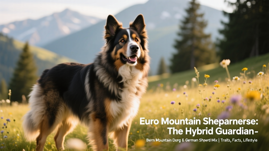A happy, medium-to-large Euro Mountain Sheparnese standing outdoors, showing its thick double coat and alert expression