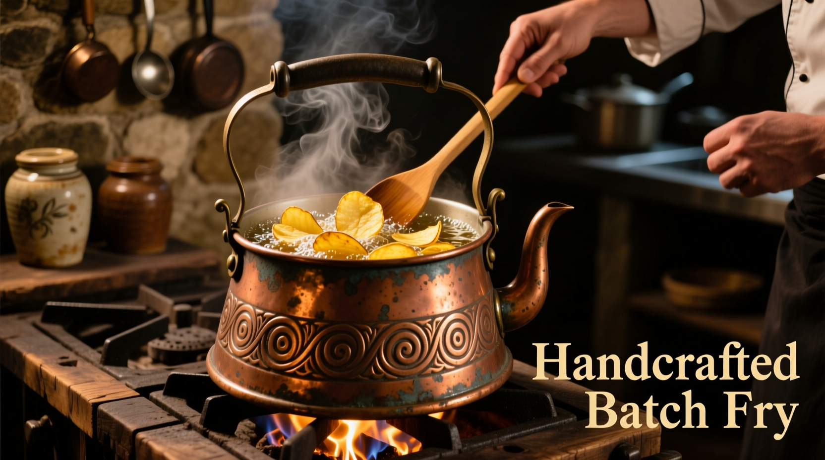Traditional copper kettle used for batch frying potato chips
