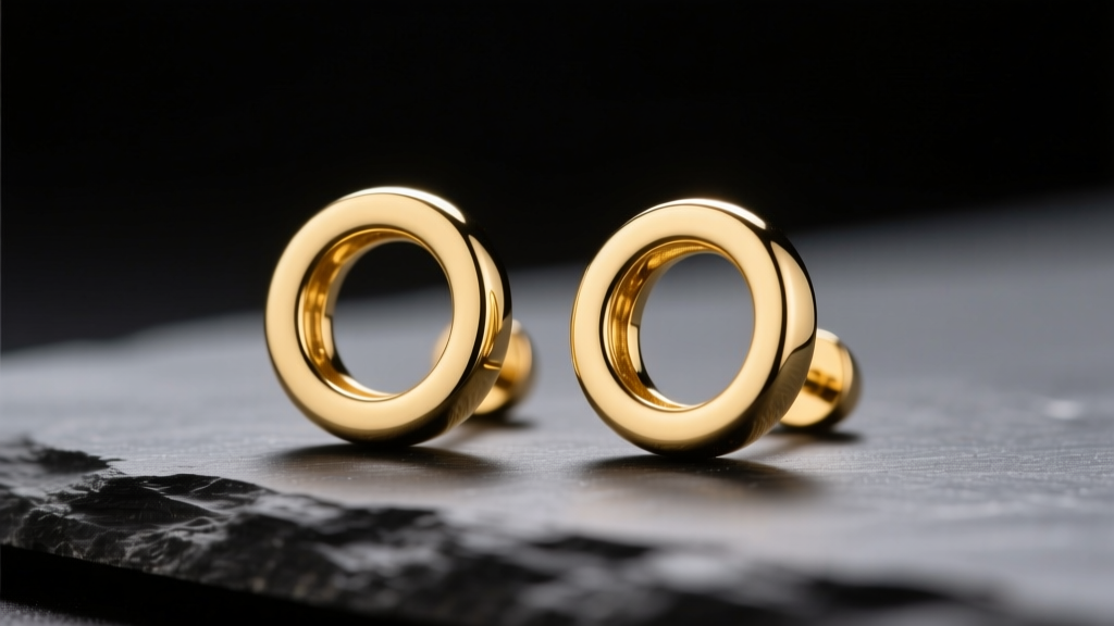 Macro photography of polished 14k yellow gold circle stud earrings resting on a dark slate surface, reflecting soft studio lighting
