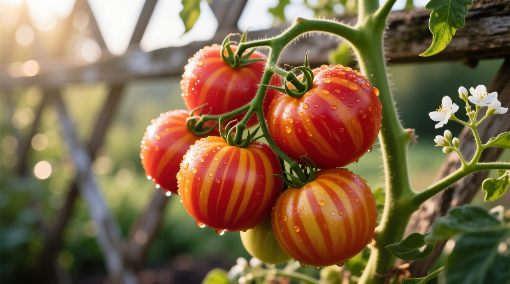 Ripe Tigerella tomatoes on vine with distinctive stripes