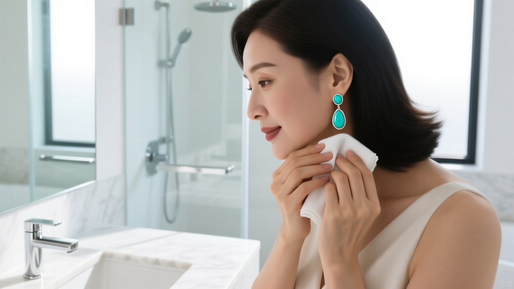 Woman cleaning white turquoise dangle earrings with a dry microfiber cloth, avoiding liquid cleaners, in a bright modern bathroom.
