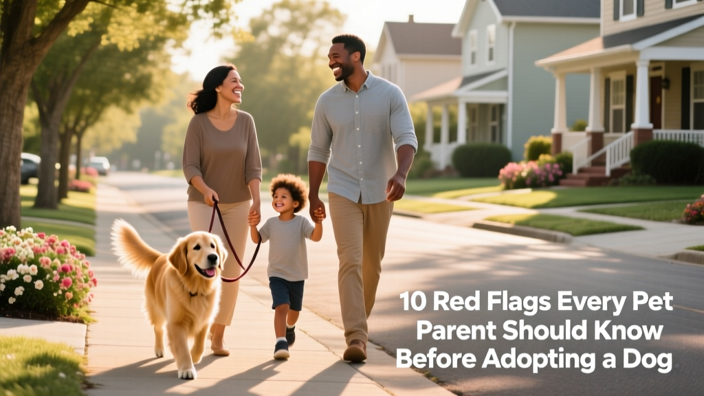 A happy family smiling as they walk side-by-side with their newly adopted dog on a sunny neighborhood street