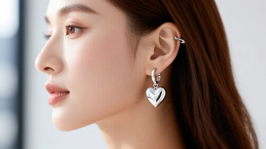 Close-up profile shot of a woman wearing 2-inch sterling silver dangle heart earrings, highlighting the secure leverback closure.