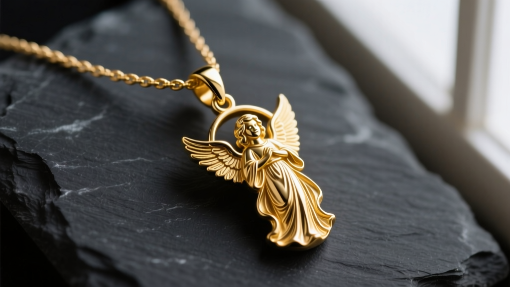 Macro photography of a polished 14k solid gold Angel Moroni pendant resting on a 1.2mm rope chain against a dark slate background